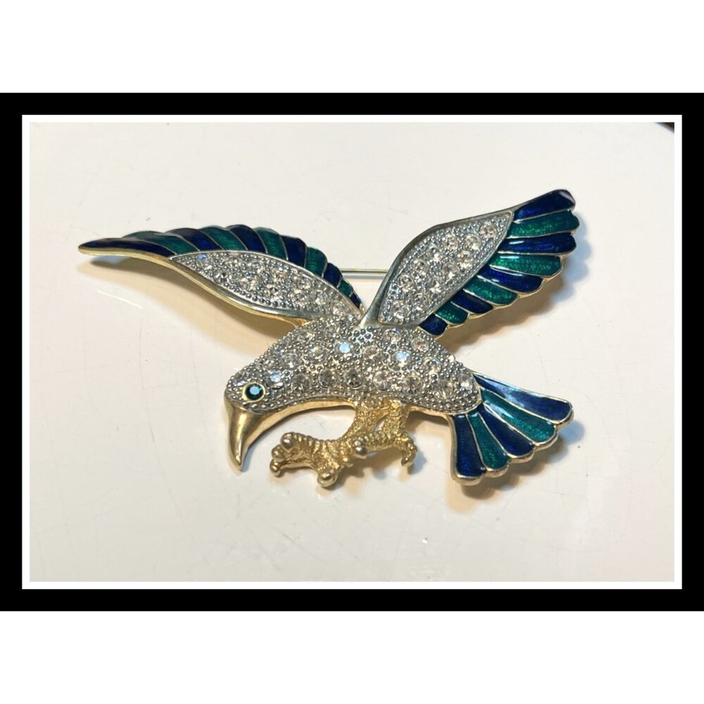 Oversized Vintage Crystal & Enamel Flying Bird Brooch Pin Gold-Tone 4 1/2" Blue